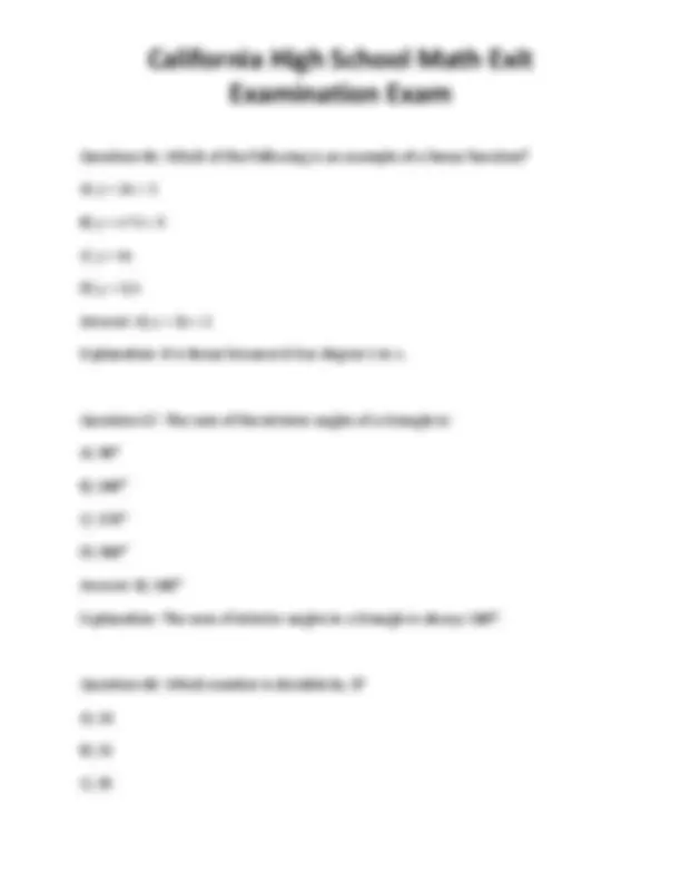 High School Math Exit Exam Practice Questions | Exams Technology | Docsity