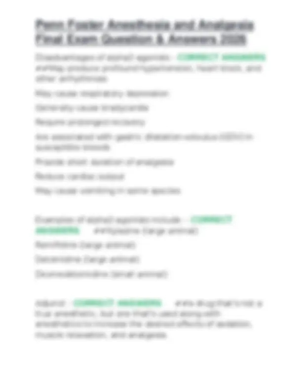 Penn Foster Anesthesia and Analgesia Final Exam Question &amp; Answers 2026 | Exams Nursing | Docsity
