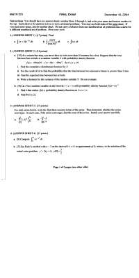 Elementary Calculus II - Final Exam Answer Sheet | MATH 221 - Docsity
