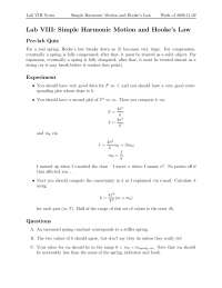 Simple Harmonic Motion and Hooke's Law - Lab 8 | PHYS 141 - Docsity