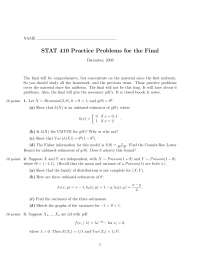 Practice Exam for Final - Statistics and Probability II | STAT 410 ...