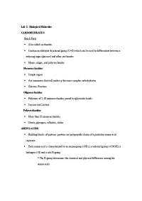 Carbohydrates, Monosaccharides, Oligosaccharides - Lab 2 | BS 111L