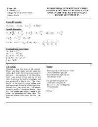 Formula Sheet for Exam 1 - College Physics II | PHYS 2020 - Docsity