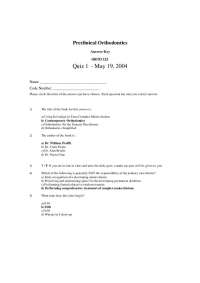 Preclinical Orthodontics - Answer Key for Quiz 1 | ORTD 323