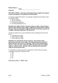 Physical Science 1 Exam One: Multiple Choice and Problems