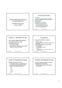 CS 2233 Lecture One: Discrete Mathematical Structures and Propositional Logic - Prof. Will