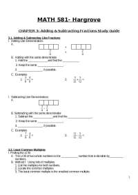 MATH 581 Ch. 3: Study Guide on Fractions, LCM, and Order Relations - Prof. Lynn Hargrove