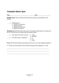 Computer Basics Quiz: RAM, Bytes, Info Processing Cycle, CPU Function - Questions & Essay 