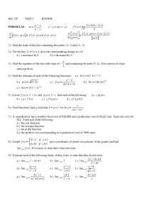 Calculus I Test Review: Formulas and Problems - Prof. Stuart Swope