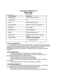Marketing Course Syllabus: BADM 340 at Shepherd University, Fall 2006 - Prof. Mary Galliga