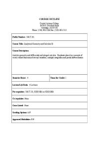 Analytical Geometry & Calculus III: Course Outline for Central AZ College