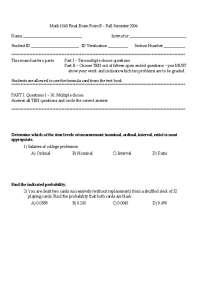 Math 1040 Fall '06 Final Exam Part B: MCQs & Open-Ended
