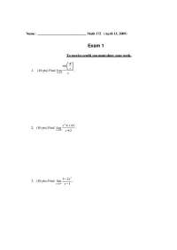 Math 172 Exam 1 (April 13, 2009) - Calculus Limits and Velocity