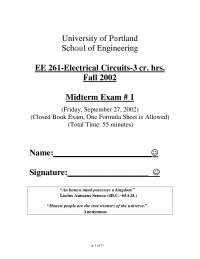 Midterm Exam 1 on Electrical Circuits - Fall 2002 | EE 261 - Docsity