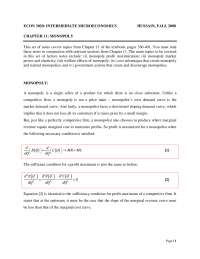 Notes on Monopoly - Intermediate Microeconomics | ECON 3020 - Docsity