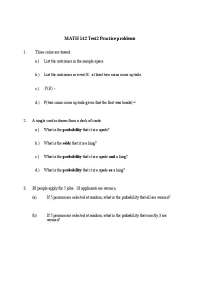 MATH 142 Test2 Practice Problems: Probability and Statistics