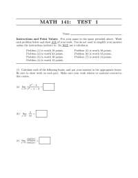 Sample Questions for Exam 1 - Calculus I | MATH 141 - Docsity