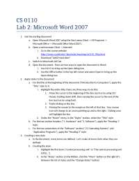 Laboratory #2 - Microsoft Word 2007 | CS 0110 - Docsity