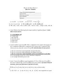 Quiz 1A Questions and Solutions - Basic Physics I | Physics 3 - Docsity