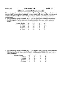 MAT 105 Intersession 2001 Exam: Election Methods, Graphing, and Apportionment - Prof. Robe