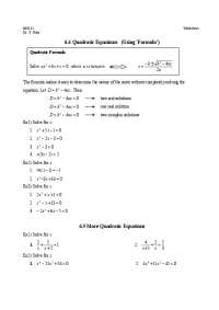 Dr. Y. Kim's Worksheet: Solving Quadratic Equations with the Formula - Prof. Youngmi Kim