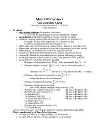 Calculus I - Test 2 Review Sheet: Derivatives and Related Concepts