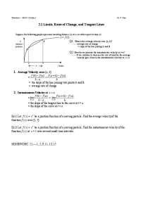 Calculus I Worksheet: Limits, Rates of Change, and Tangent Lines - Prof. Youngmi Kim
