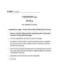 Chemistry Exam 3 for Course CHEM 151: Multiple Choice Questions and Problems