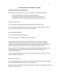 Understanding Truth & Salvation in Religious Traditions: Exclusivism, Inclusivism, Plurali