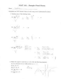 Sample Final Exam with Solutions - Calculus I - Introduction |