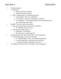 Notes for Motivation Basics | Cognition, Human Learning and Motivation | ALD 320