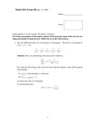 Solution Key to Examination 3 - Calculus II | MATH 2153 - Docsity
