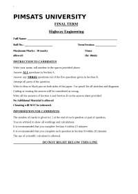 Highway Engineering, exam paper (3), Pimsats University