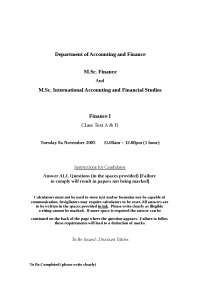 Class Test for M.Sc. International Accounting and Financial Studies