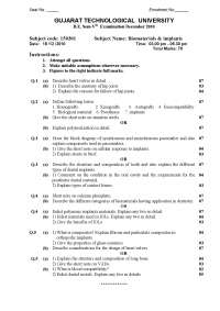 Test Paper - Biomaterials and implants - Gujarat Technological University - Bio Medical Engineering - 5th Semester  2010