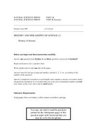 Natural Sciences Tripos Exam in History and Philosophy of Science