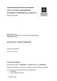 Control Engineering Exam for BEng (HONS) E&E at Manchester Met Uni