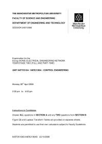 Control Engineering Exam: Electrical Engineering Students, Manchester Met Uni, 2007/2008