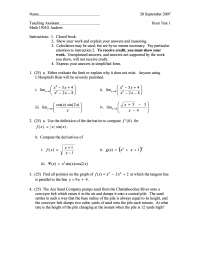 Practice Test 1 - Calculus I - Fall 2007 | MATH 1501 - Docsity