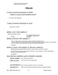 Minerals - Test 1C | Elements of Geology | GEOS 2104 - Docsity