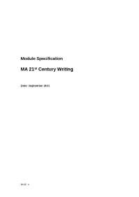 MA 21st Century Writing  - Lecture Notes - United State Literature - Dr Christopher Marlow