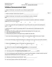 Syllabus Quiz Fall 2011 - Introduction to Psychology I | PSY 201