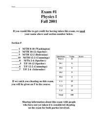 Questions of Physics I - Examination 1 Fall 2001 | PHYS 1100 - Docsity