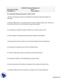 Basic Management-Principles of Management-Quiz