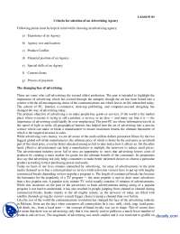 Criteria for selection of an Advertising Agency-Advertising and Promotion-Lecture Handout