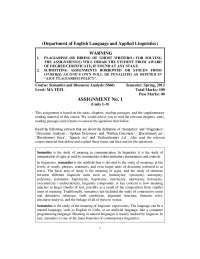 Speaker Meaning, Sentence Meaning-Semantics and Discourse Analysis-Assignment