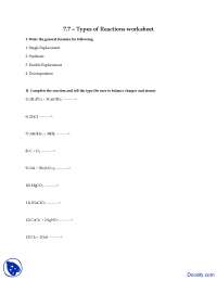 Types of Reactions - General Chemistry - Assignment