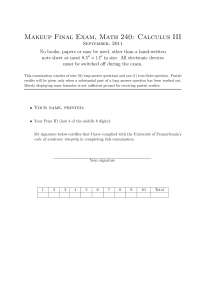 Calculus III Makeup Exam, University of Pennsylvania, September 2011
