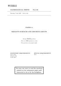 Riemann Surfaces and Discrete Groups - Mathematical Tripos - Past Exam Paper