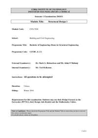 Examination Paper: Structural Design 1, CIVL7020, CORK INSTITUTE OF TECHNOLOGY, 2010/11